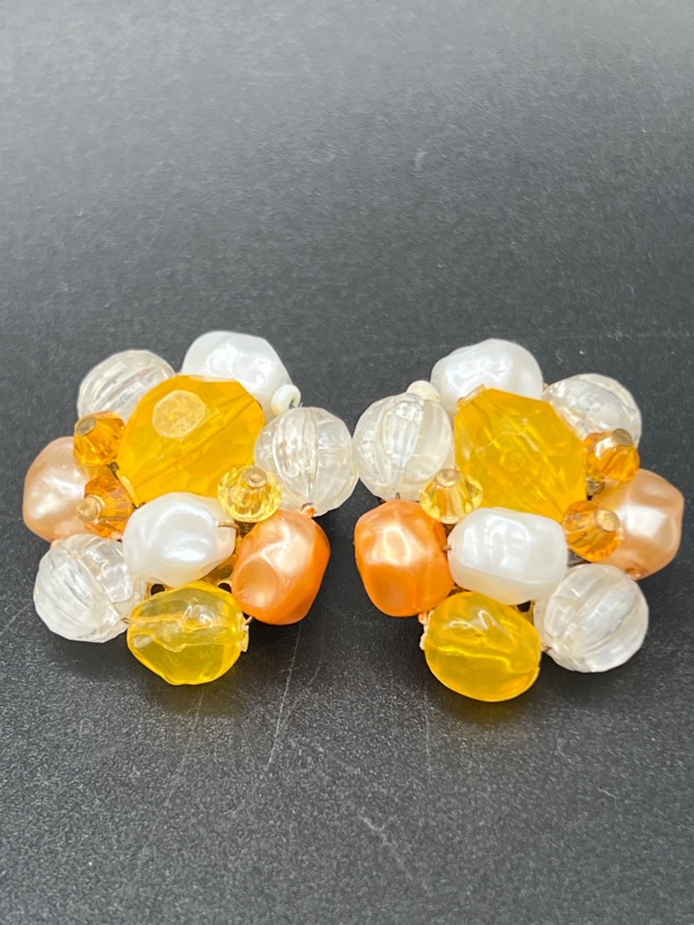 Vintage Germany Cluster Clip-On Earrings in Yellow, White, Peach, Clear
